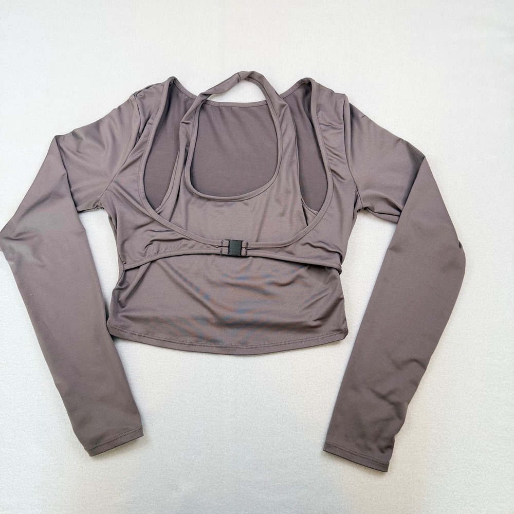 SHEIN Women Taupe Mauve Open Back Buckle Long Sleeve Crop Top Thumbholes Size M